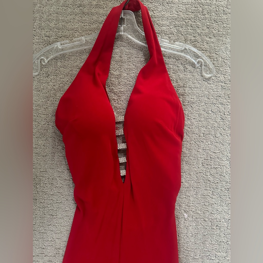 Nicole Bakti Halter Gown With Rhinestone Straps In Back